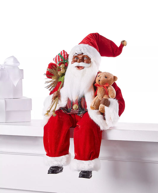 Fabric African American Sitting Santa in Red Outfit