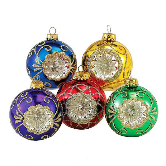 60MM Multicolored Glass Reflector Ornaments, 5-Piece Box Set